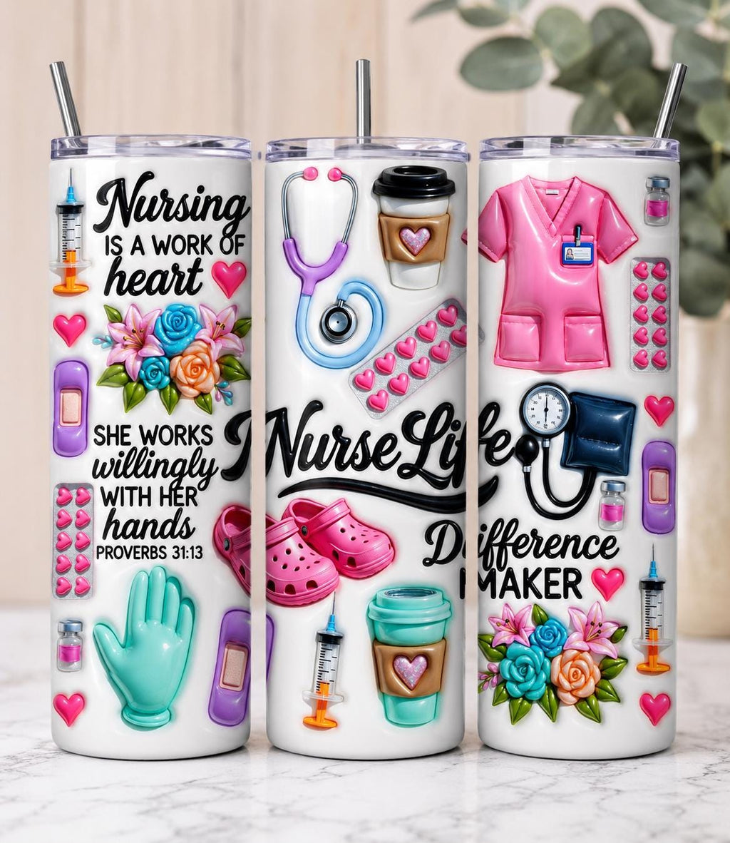 Nurse Life 20 oz 30 oz Skinny Tumbler Nursing Is a Work of Heart RN Gift | Nurse Appreciation Gift Coffee Travel Cup Medical Worker Gift