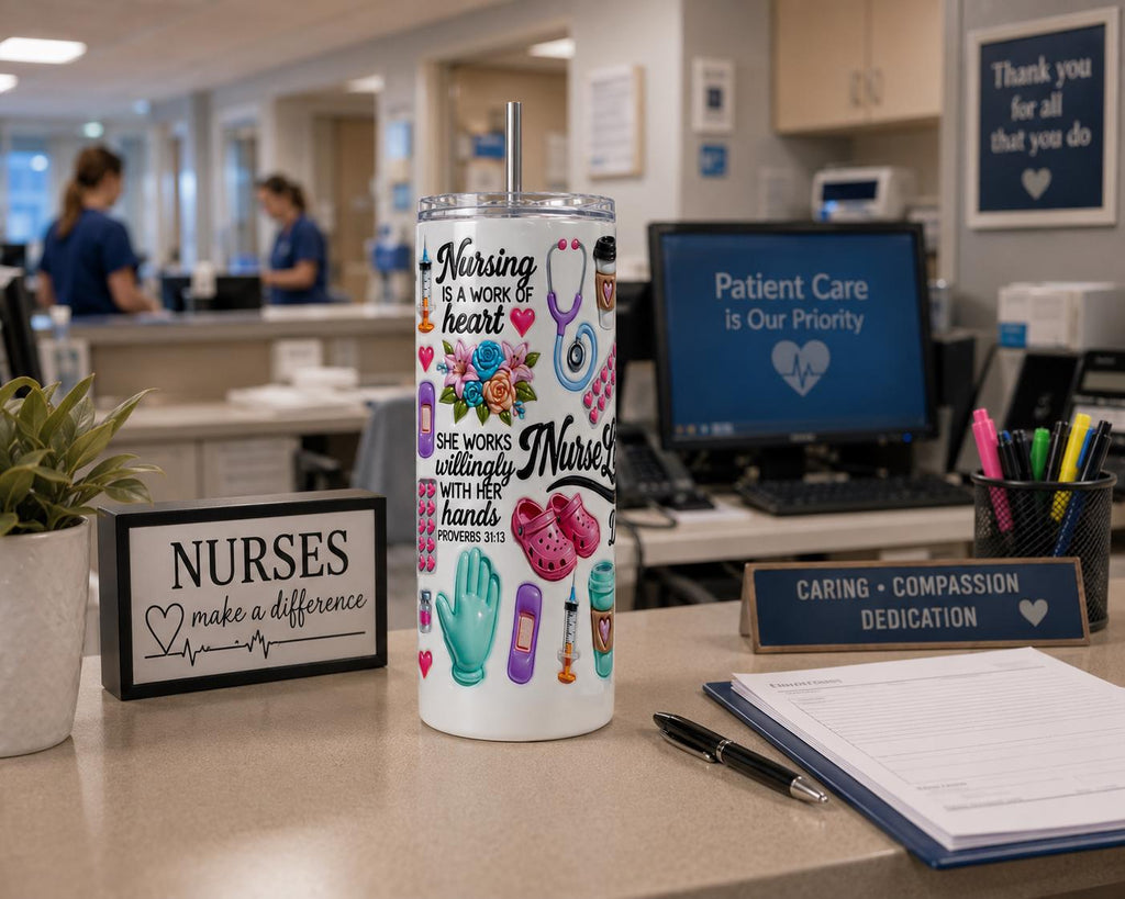 Nurse Life 20 oz 30 oz Skinny Tumbler Nursing Is a Work of Heart RN Gift | Nurse Appreciation Gift Coffee Travel Cup Medical Worker Gift