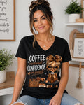 Coffee Lover V-Neck Tee | Coffee in Hand Confidence on Point Shirt | Leopard Print Graphic T-Shirt | Gift for Her | Cute Coffee Shirt