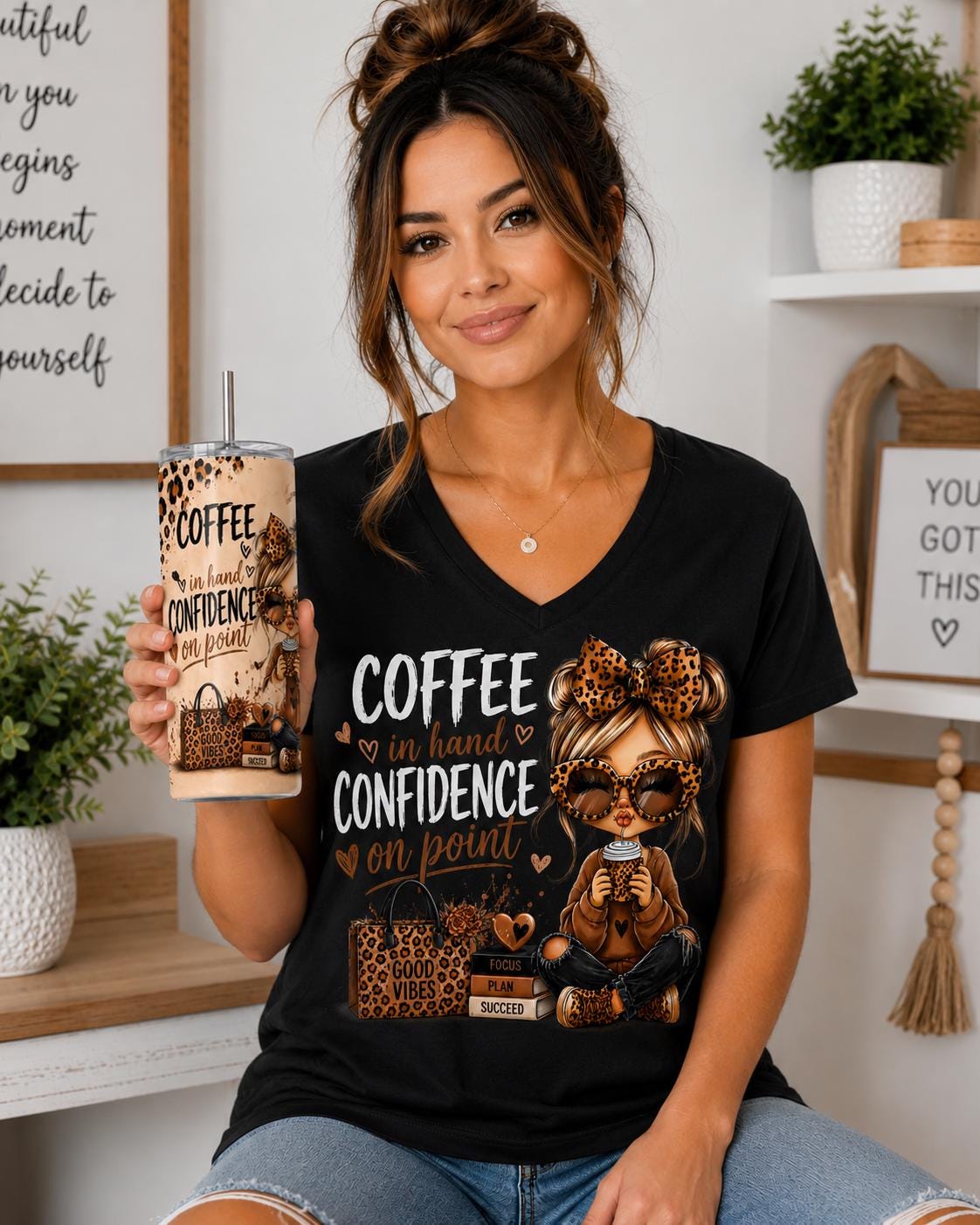 Coffee Lover Skinny Tumbler & Matching V-Neck Tee Set Coffee Leopard Print Graphic Shirt Cup Set Gift for Her Cute Coffee Travel Mug Shirt