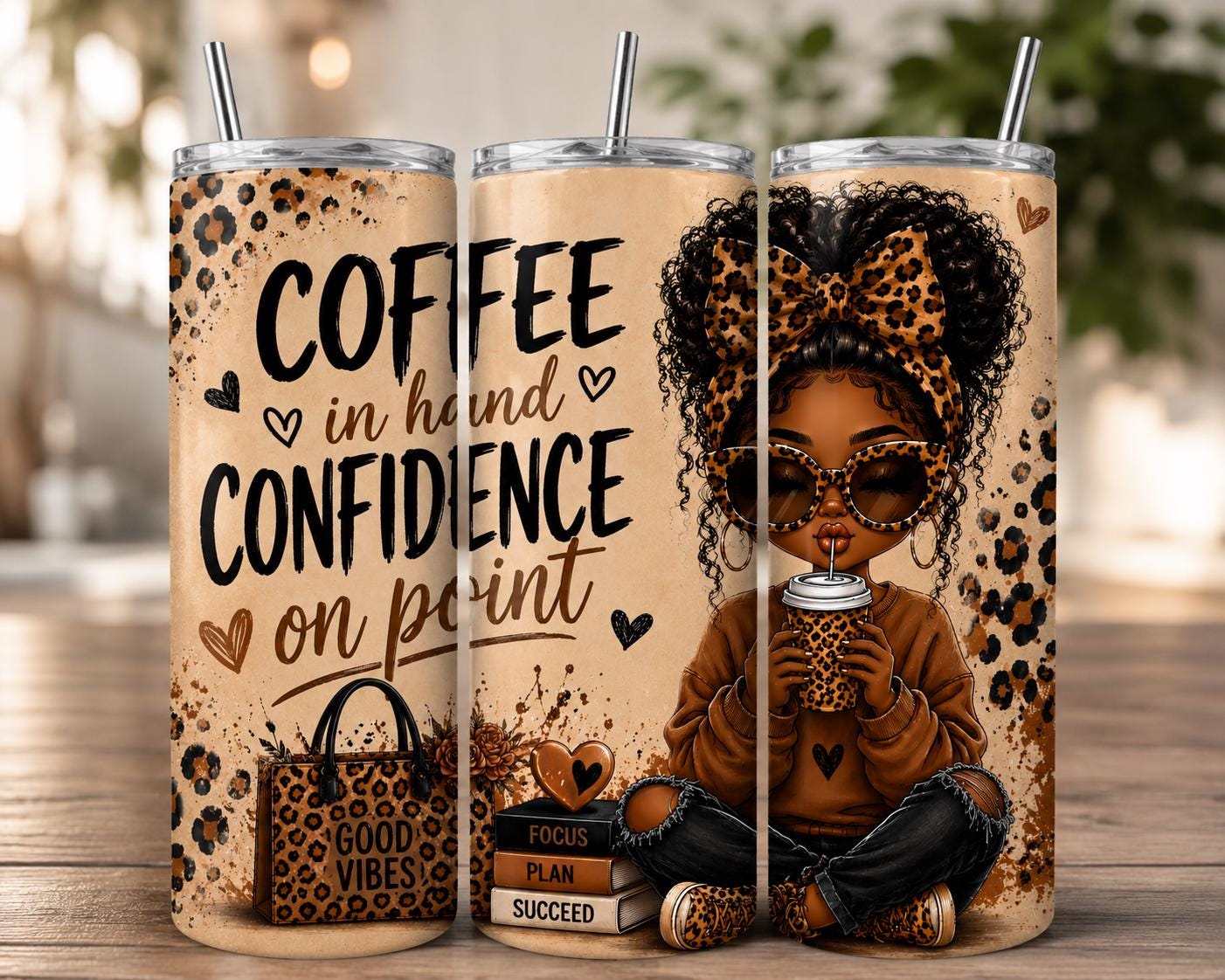 Leopard Print Coffee Cup 20 oz Skinny Tumbler Travel Mug Coffee Lover Gift for Women Daily Affirmation