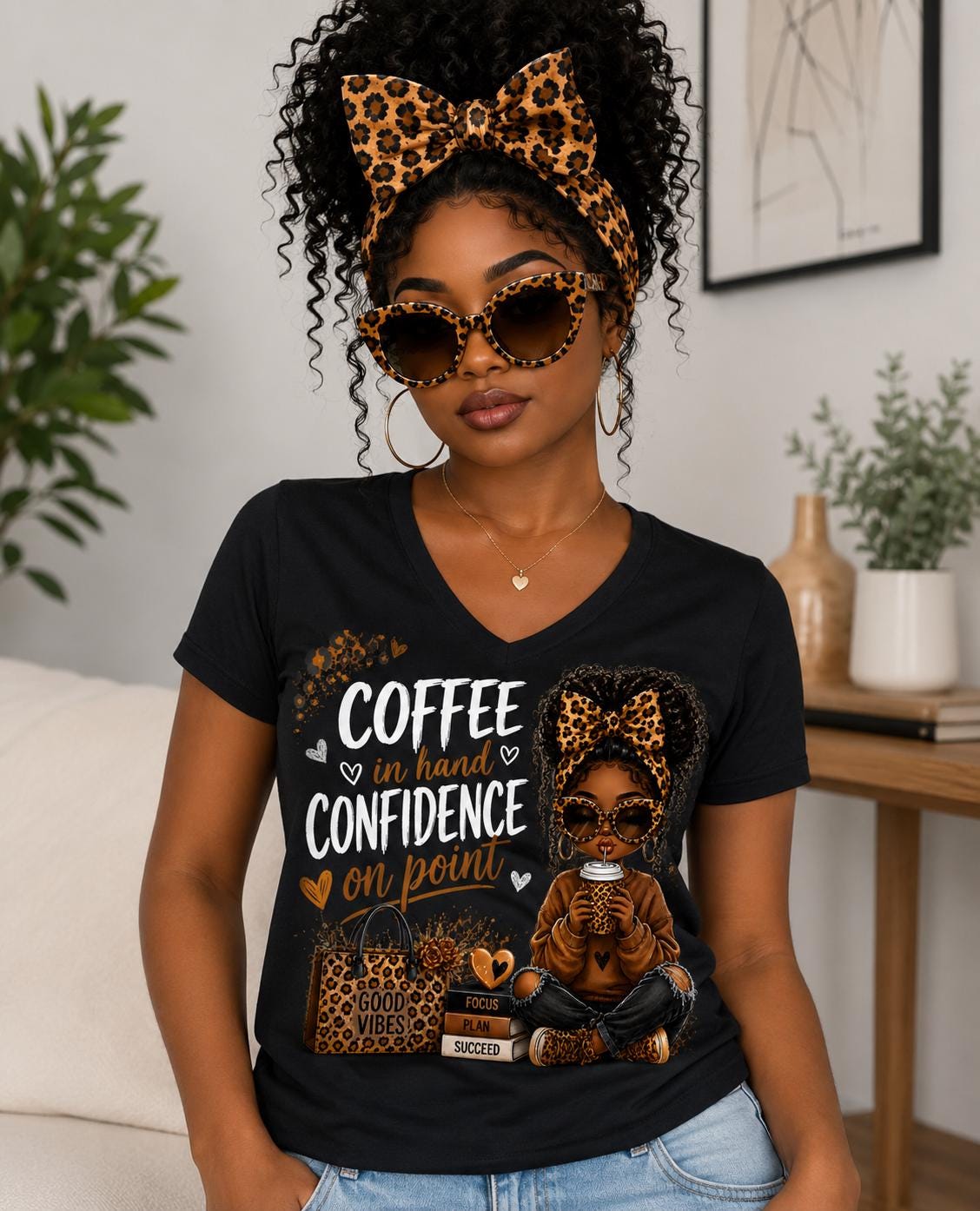 Coffee Lover V-Neck Tee | Coffee in Hand Confidence on Point Shirt | Leopard Print Graphic T-Shirt | Gift for Her | Cute Coffee Shirt