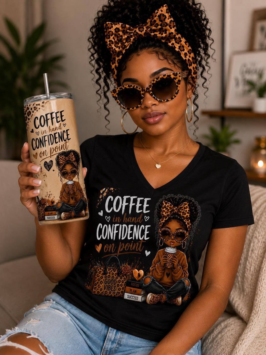 Coffee Lover V-Neck Tee & Skinny Tumbler Matching Set Coffee Leopard Print Graphic Shirt Set Gift for Her Cute Coffee Travel Mug Shirt