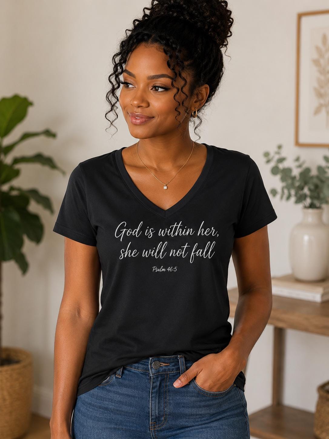 God Is Within Her Shirt | Psalm 46:5 Christian V-Neck T-Shirt Women's Faith Graphic Tee Crew Neck Bible Shirt Inspirational Christian Gift