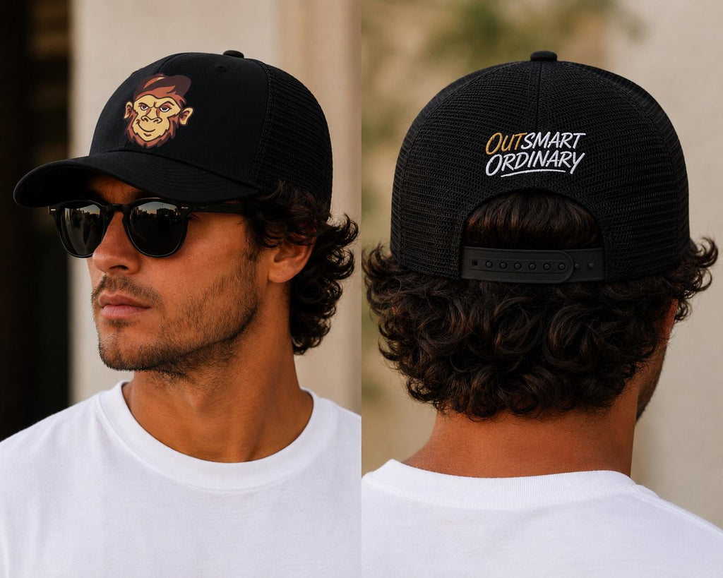 Outsmart Ordinary Monkey Trucker Hat, Black Mesh Snapback Cap, Motivational Streetwear Hat, Unisex Graphic Baseball Cap, Gift for Him & Her