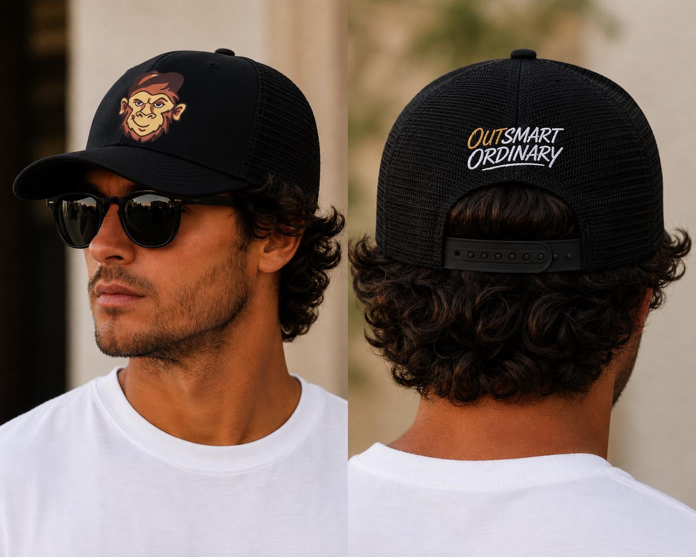 Outsmart Ordinary Monkey Trucker Hat, Black Mesh Snapback Cap, Motivational Streetwear Hat, Unisex Graphic Baseball Cap, Gift for Him & Her