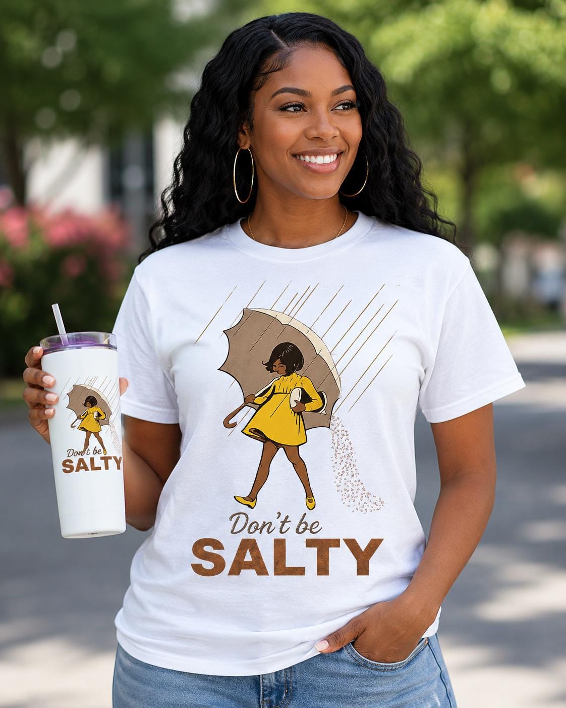 Don't Be Salty Tumbler T-Shirt Set Funny Black Girl Graphic Tee Melanin Gift for Women Best Friend Gift Graphic Tee Travel Tumbler Bundle