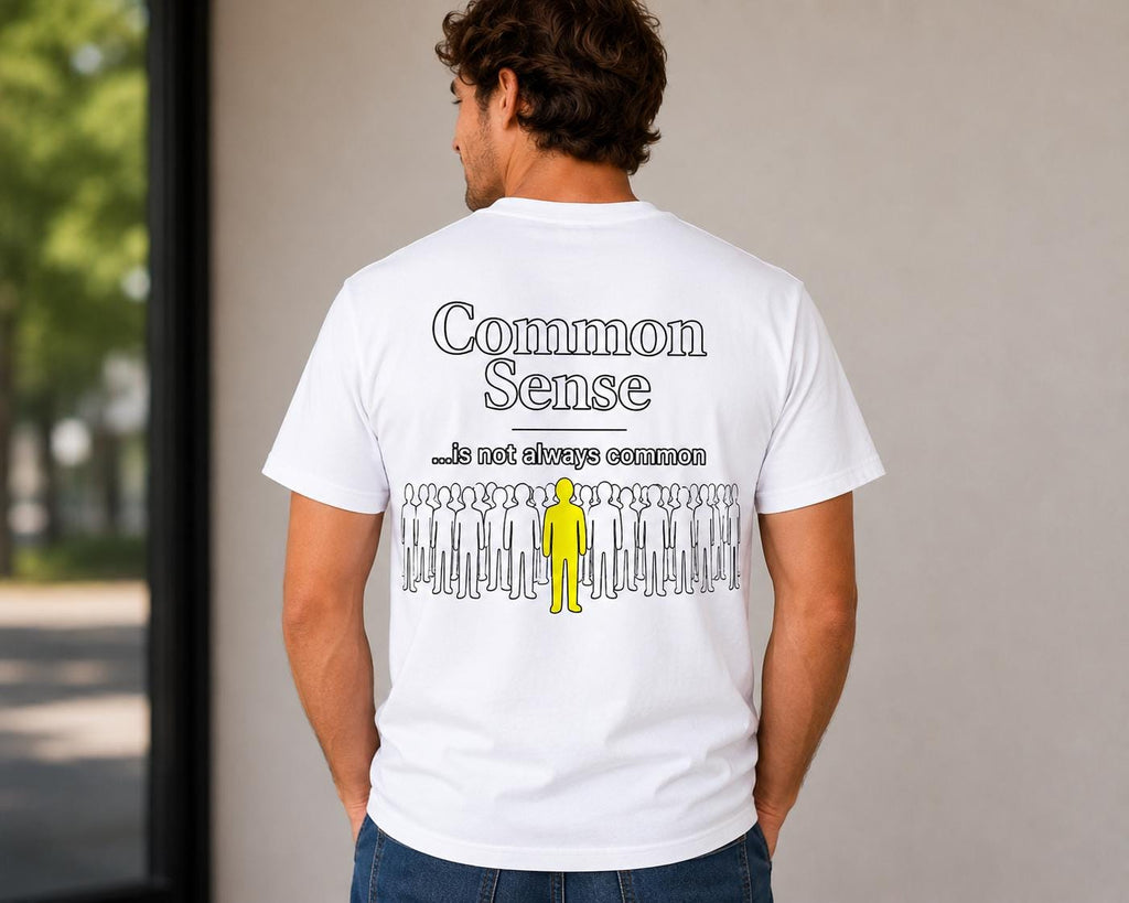 Common Sense Graphic T-Shirt Funny Back Print Shirt Sarcastic Quote Tee Birthday Gift for Him or Her Coworker Gift Funny Quote Shirt