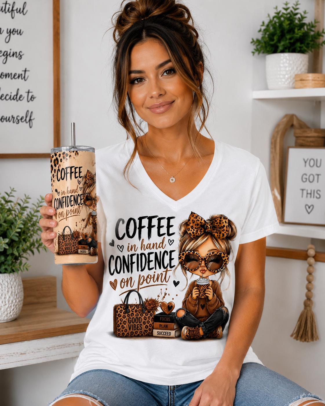 Coffee Lover V-Neck Tee & Skinny Tumbler Matching Set Coffee Leopard Print Graphic Shirt Set Gift for Her Cute Coffee Travel Mug Shirt