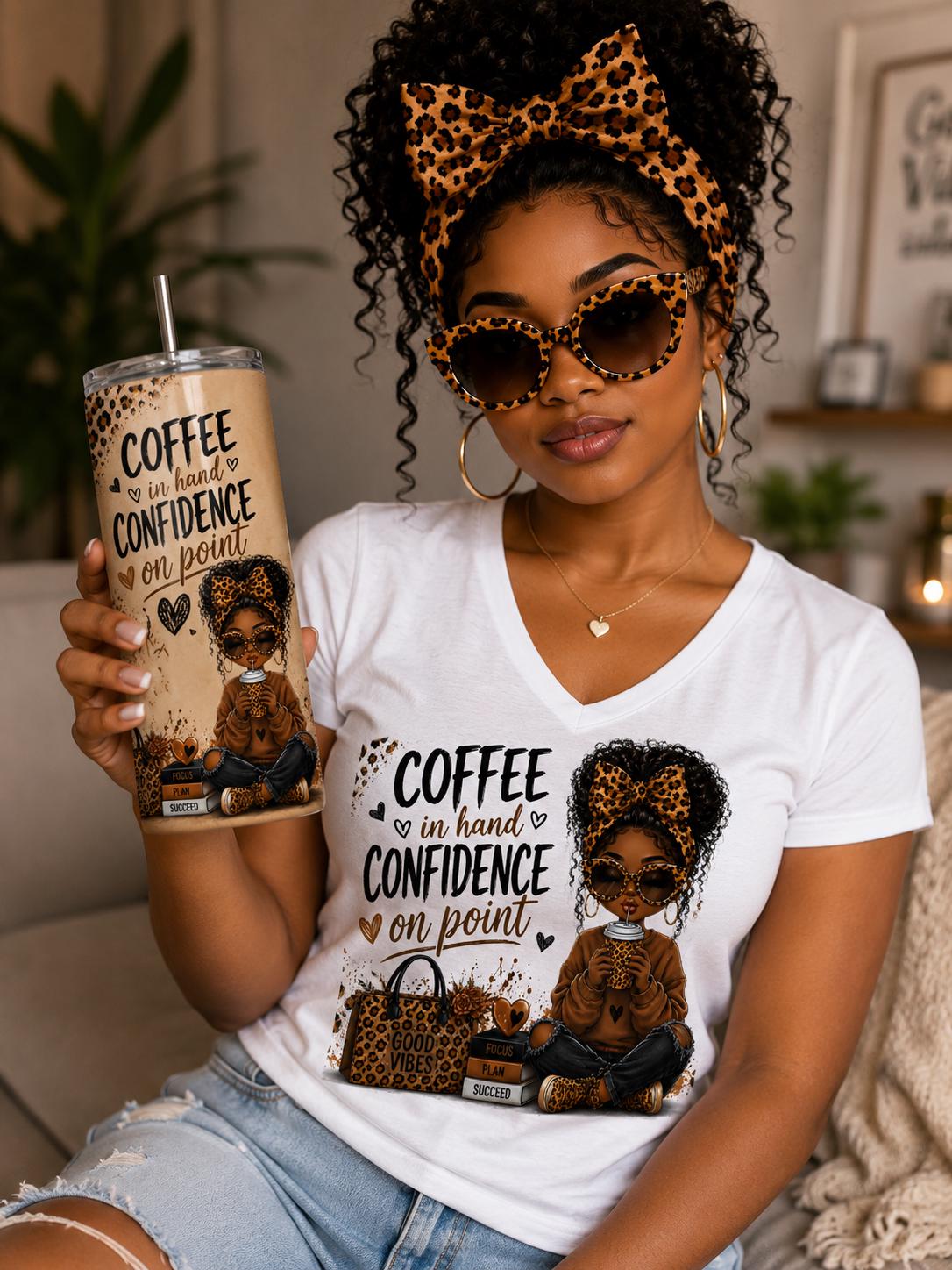Coffee Lover Skinny Tumbler & Matching V-Neck Tee Set Coffee Leopard Print Graphic Shirt Cup Set Gift for Her Cute Coffee Travel Mug Shirt