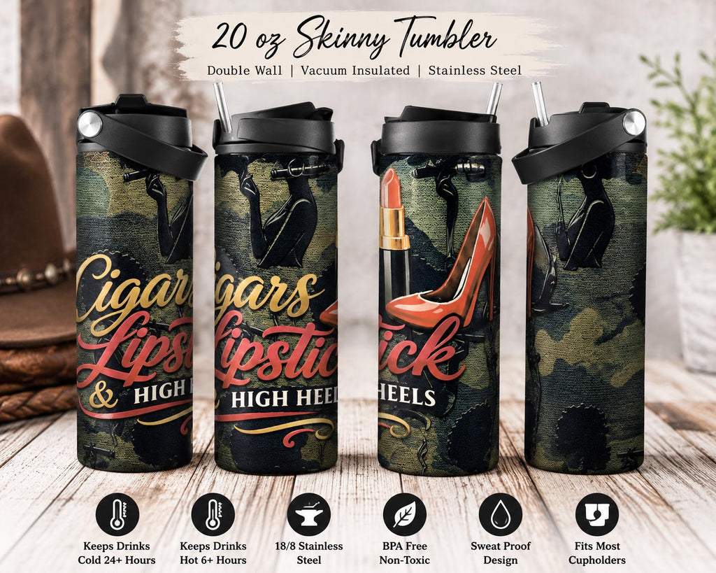 SOTL Tumbler Travel Mug Skinny Drink Tumbler Cup 20oz or 30oz Tumbler Cigar for Enthusiast Cigars Lipstick & High Heels Sport Drink Ware