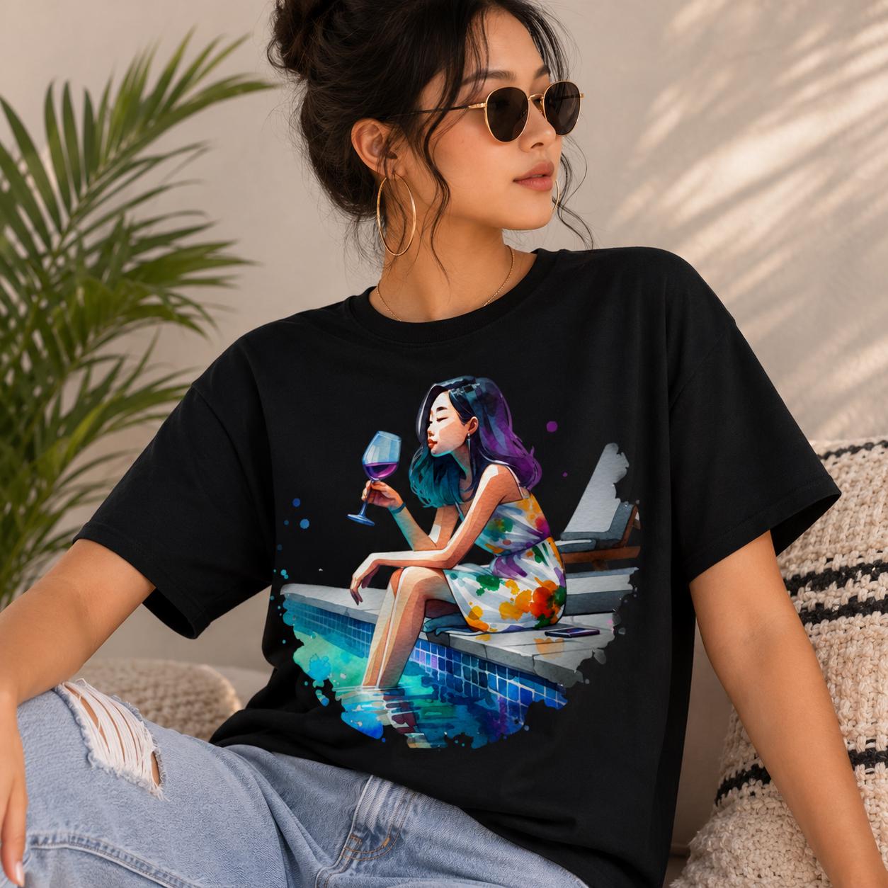 Girls Trip Vacation Tee Wine Lover Graphic T-Shirt for Women Colorful Art Shirt Summer Travel Outfit Beach Resort Travel Chill T-Shirt